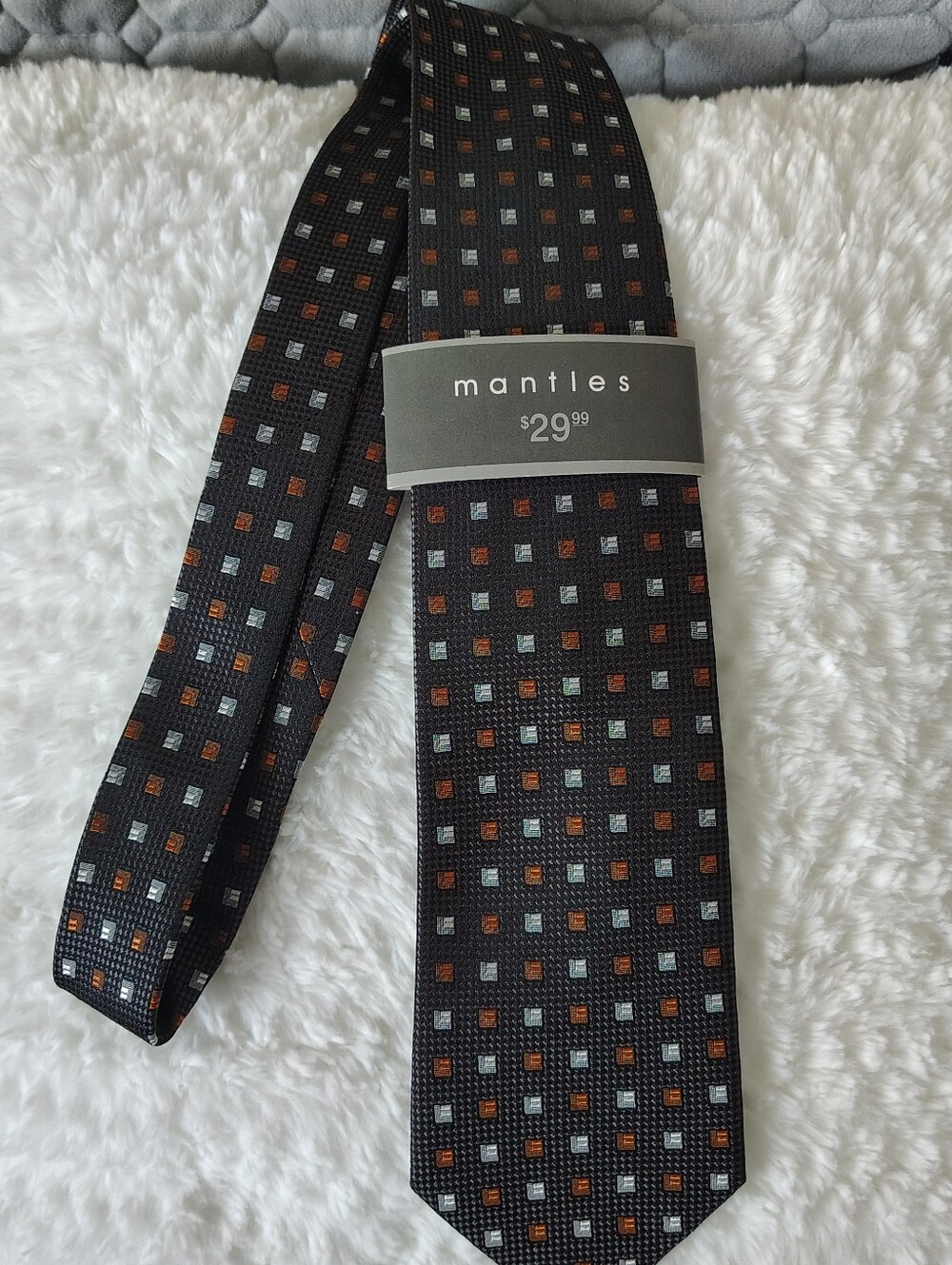 Mantles Black Patterned Men's Tie - Black with Brown & Light Blue Squares